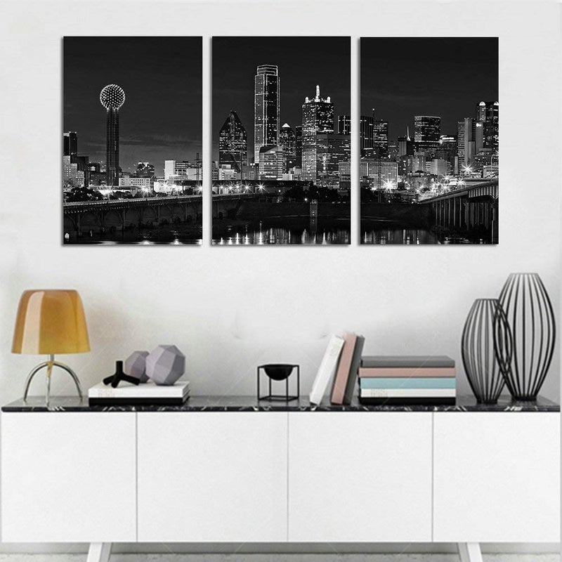 NAN Wind 3 Pcs Wall Art Dallas Skyline Black & White Canvas Art Paintings For Room Decor Dallas Cityscape Skyscrapers Night Scene Picture Prints On Canvas For Home Decor Modern Giclee Framed - Image 5